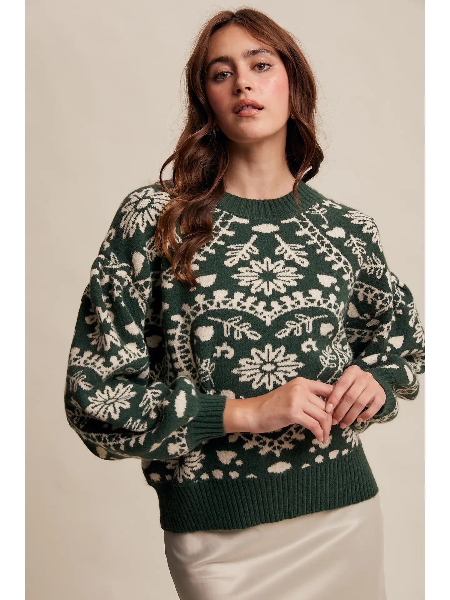 Green Heart Jacquard Knit Sweater