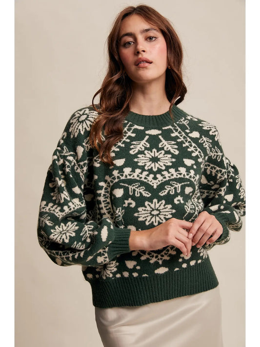 Green Heart Jacquard Knit Sweater