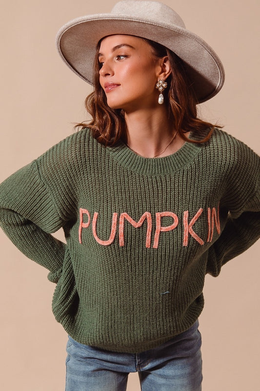 Pumpkin Tinsel Lettering Sweater Top