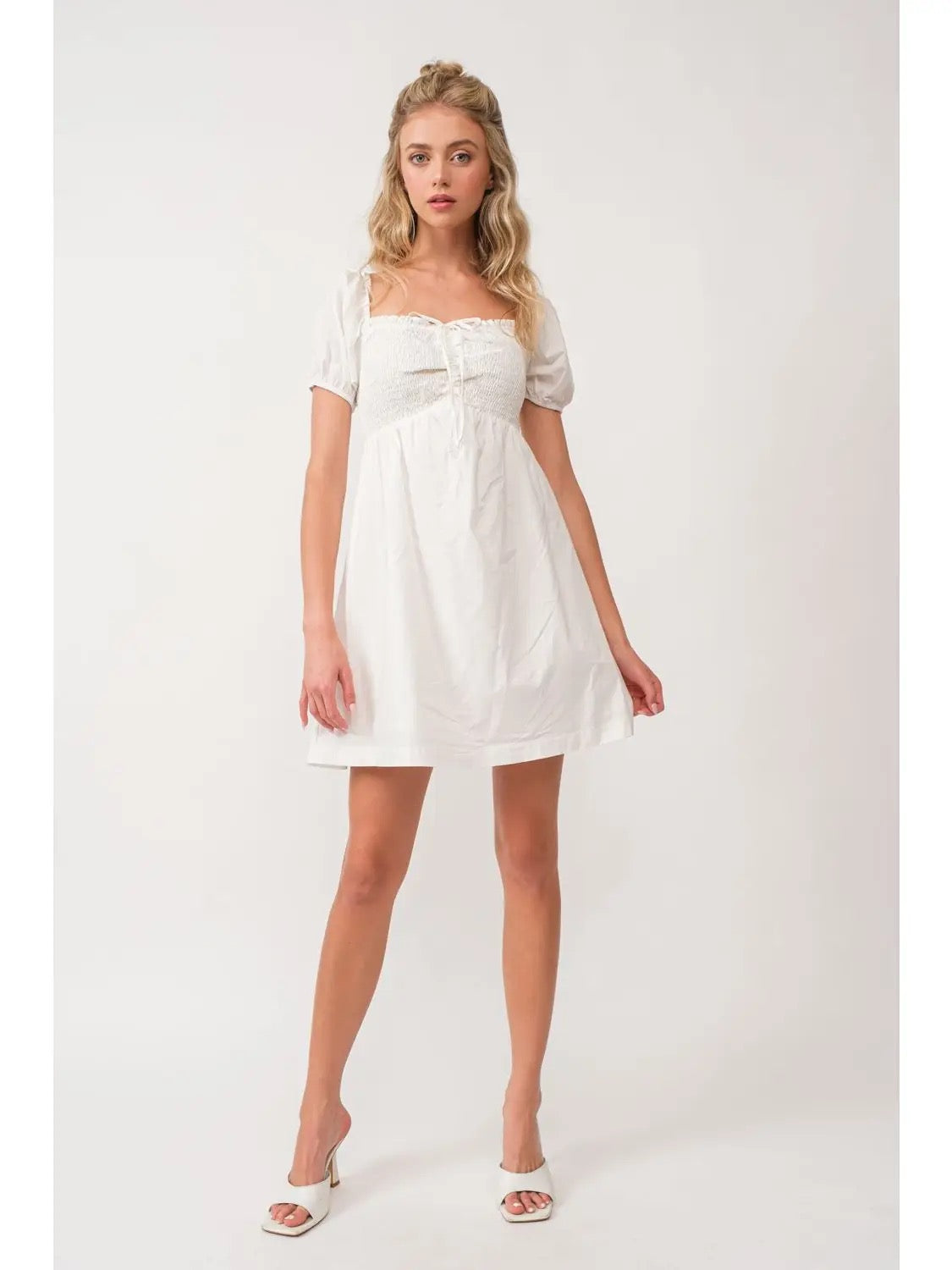 Ivory Smocked Torso Puff Sleeve Babydoll dress