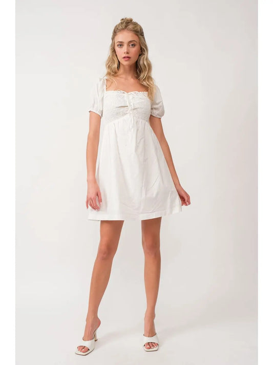 Ivory Smocked Torso Puff Sleeve Babydoll dress