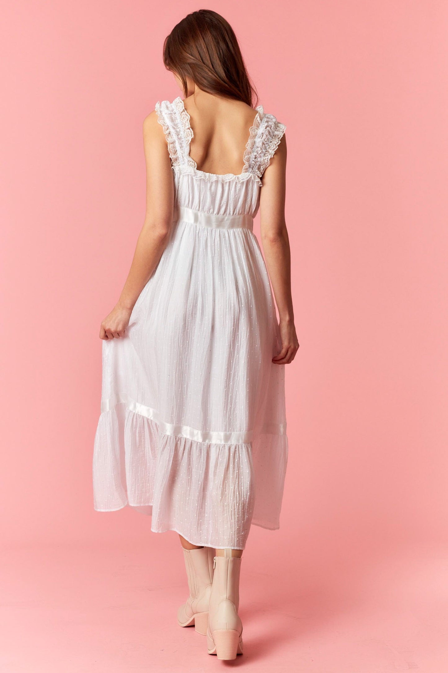 White Lace Sleeve Detail Button Up Maxi Dress