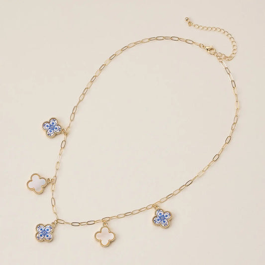 Blue Floral & Pearl Quatrefoil Charm Necklace