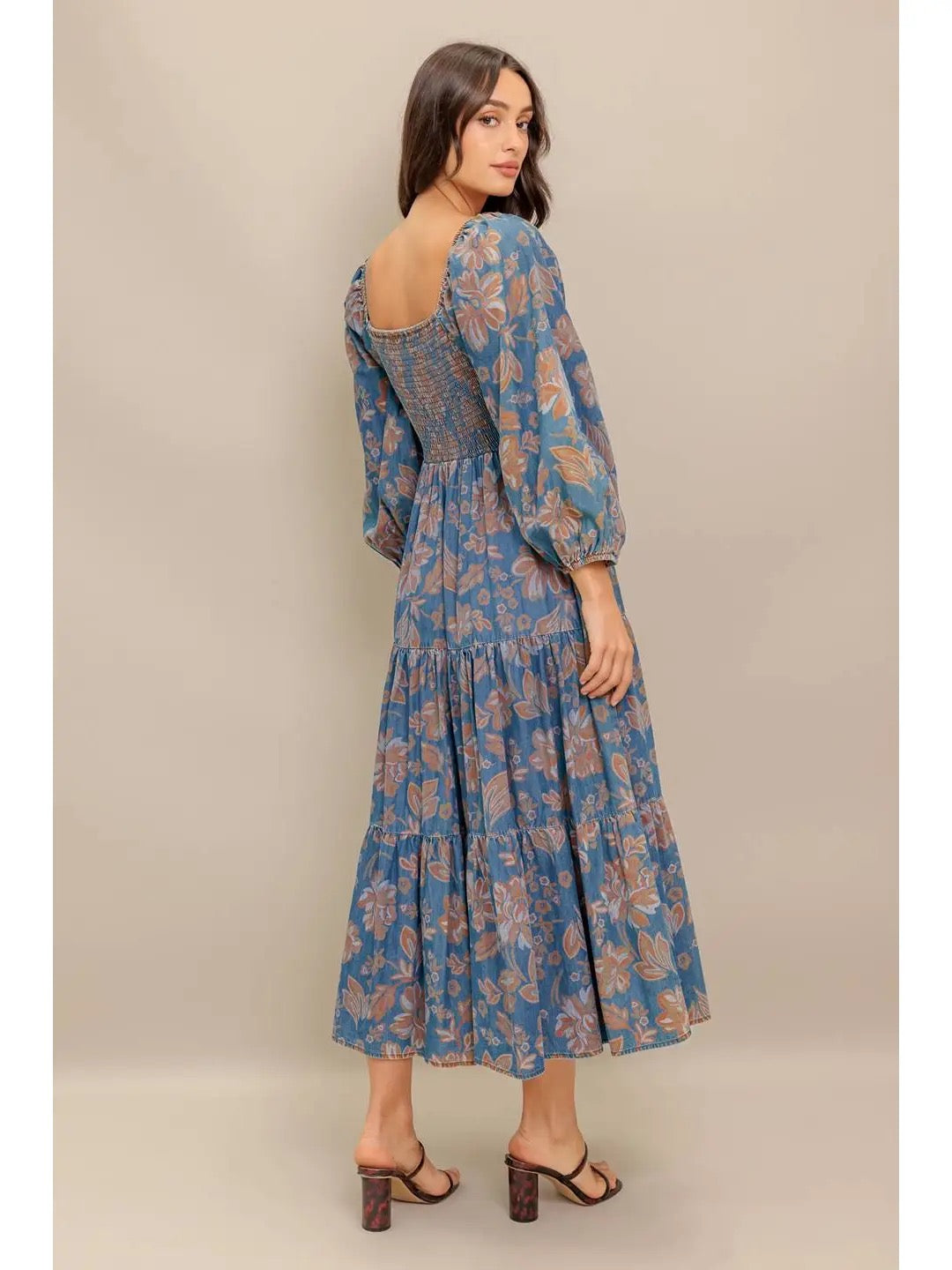 Printed Denim Midi Dress