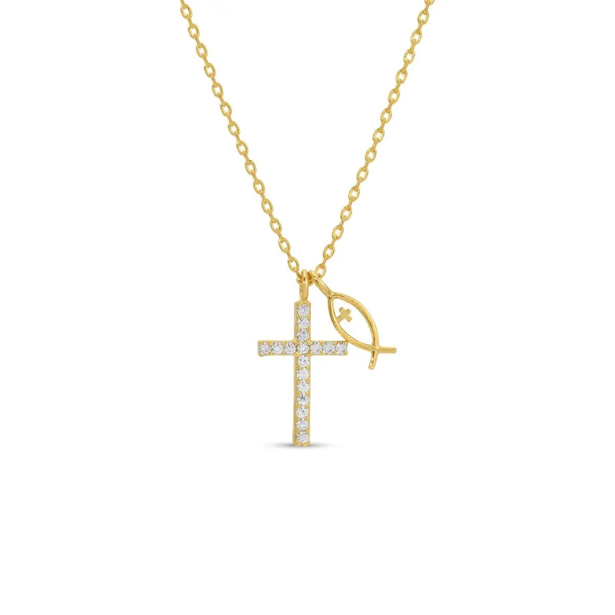 CZ Cross Fish Charm Necklace - Gold