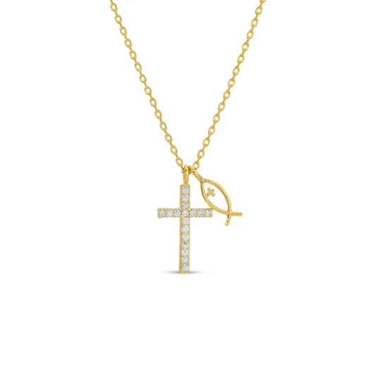 CZ Cross Fish Charm Necklace - Gold