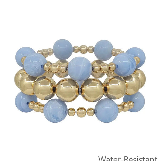 Set of 3 Blue & Gold Beaded Stretch Bracelets