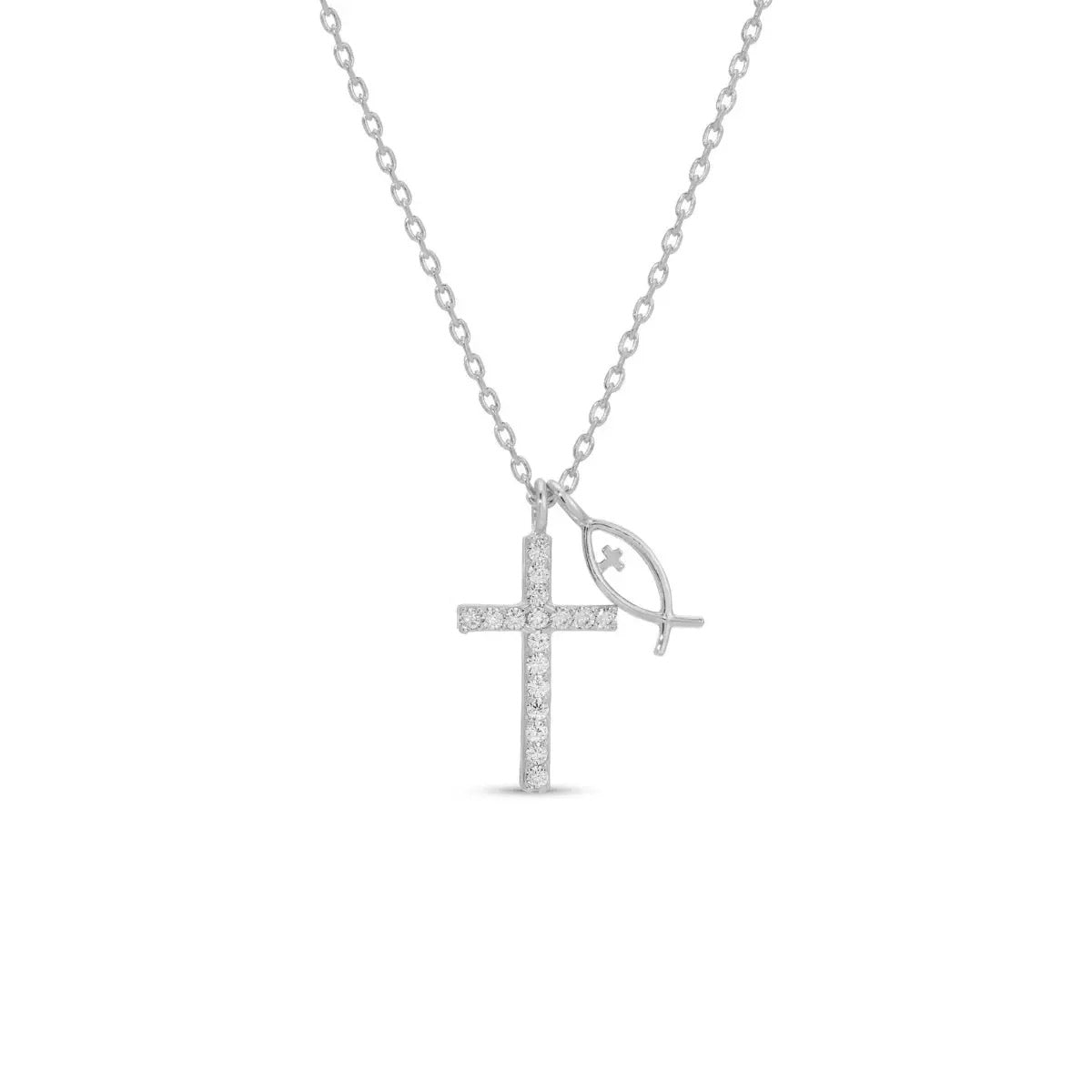 CZ Cross Fish Charm Necklace - Silver