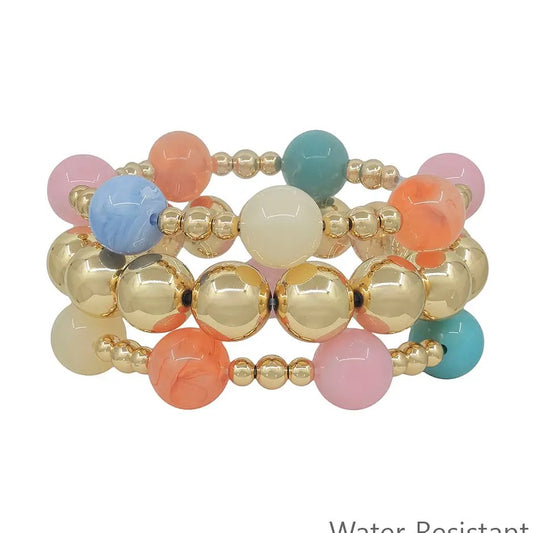 Set of 3 Multi Color& Gold Beaded Stretch Bracelets