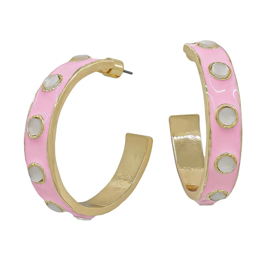 Pink With Cream Accents Hoop Earrings