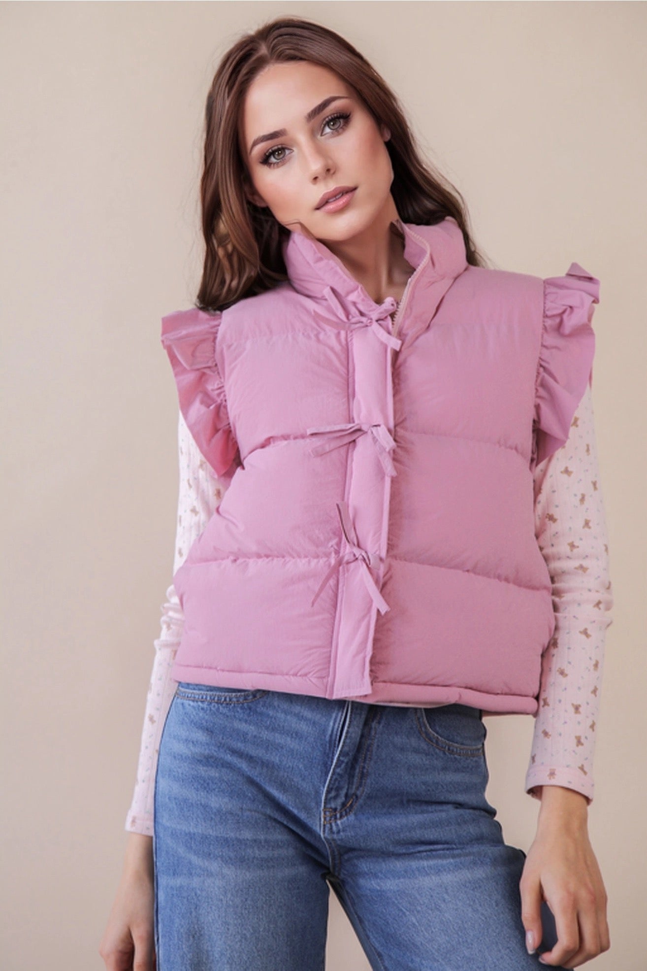 Pink Ruffle Sleeve Puffer Vest