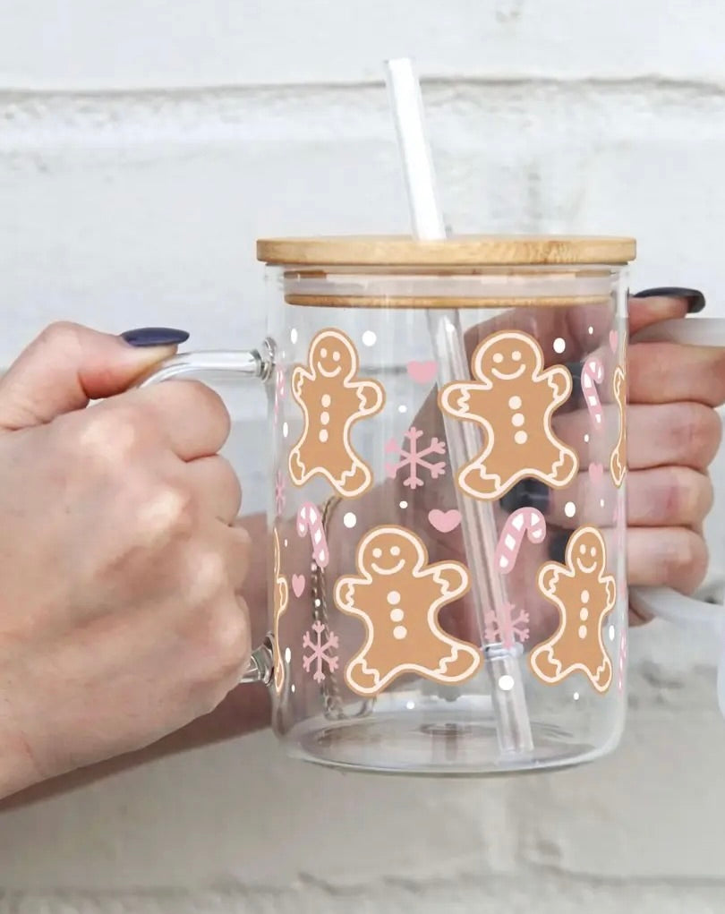 Pink Gingerbread Man 17oz Glass Mug with Lid