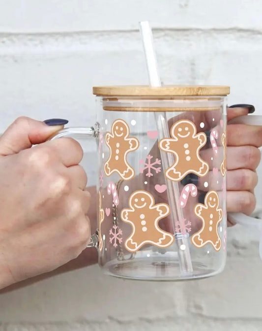 Pink Gingerbread Man 17oz Glass Mug with Lid