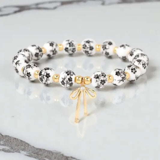 Black Floral Beaded Bow Bracelet