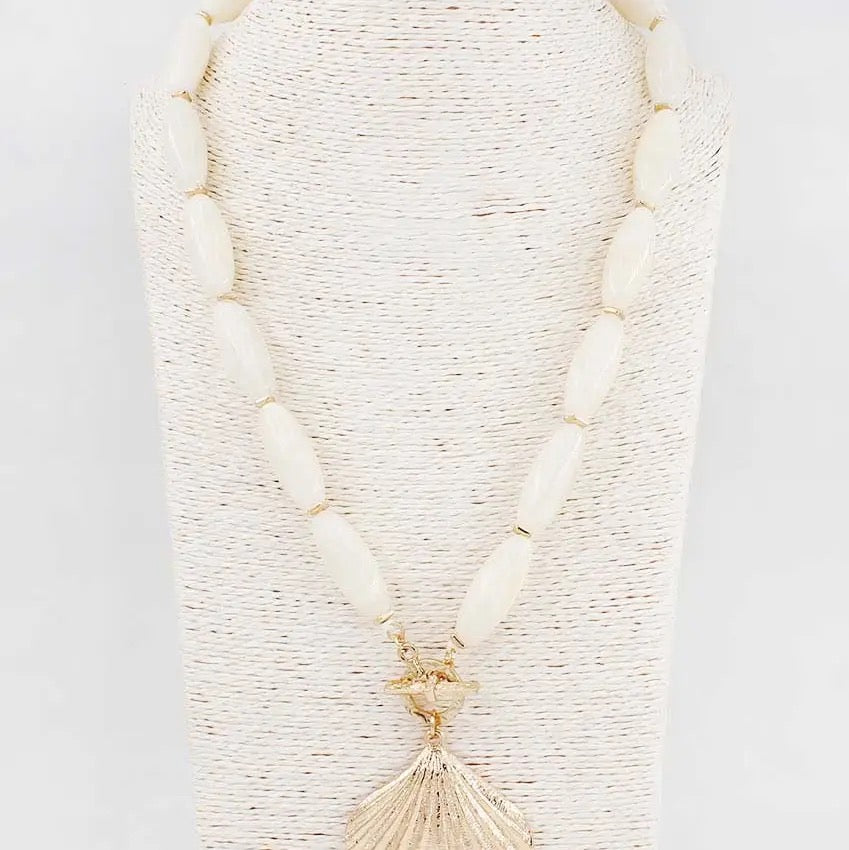White Oval Stone with Gold Shell Necklace