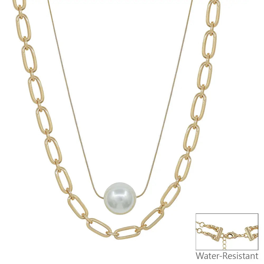 Pearl bead & Gold Chain Layered Necklace