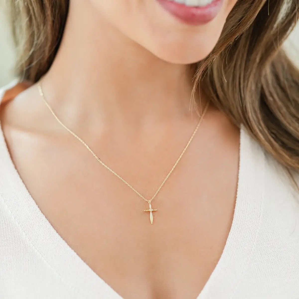 Petite Cross w/ CZ Center Necklace