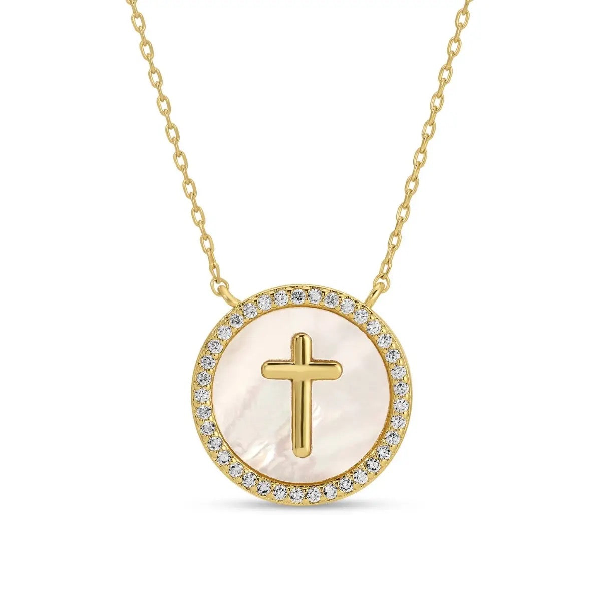Pave' & Shell Cross Pendant Necklace