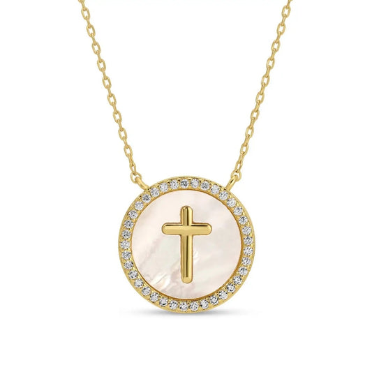 Pave' & Shell Cross Pendant Necklace