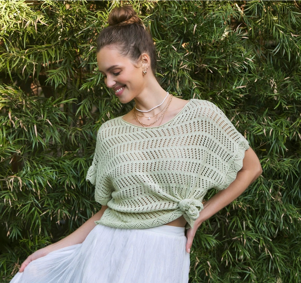 Sage Oversized Crochet Sweater Top with Scallop Edges