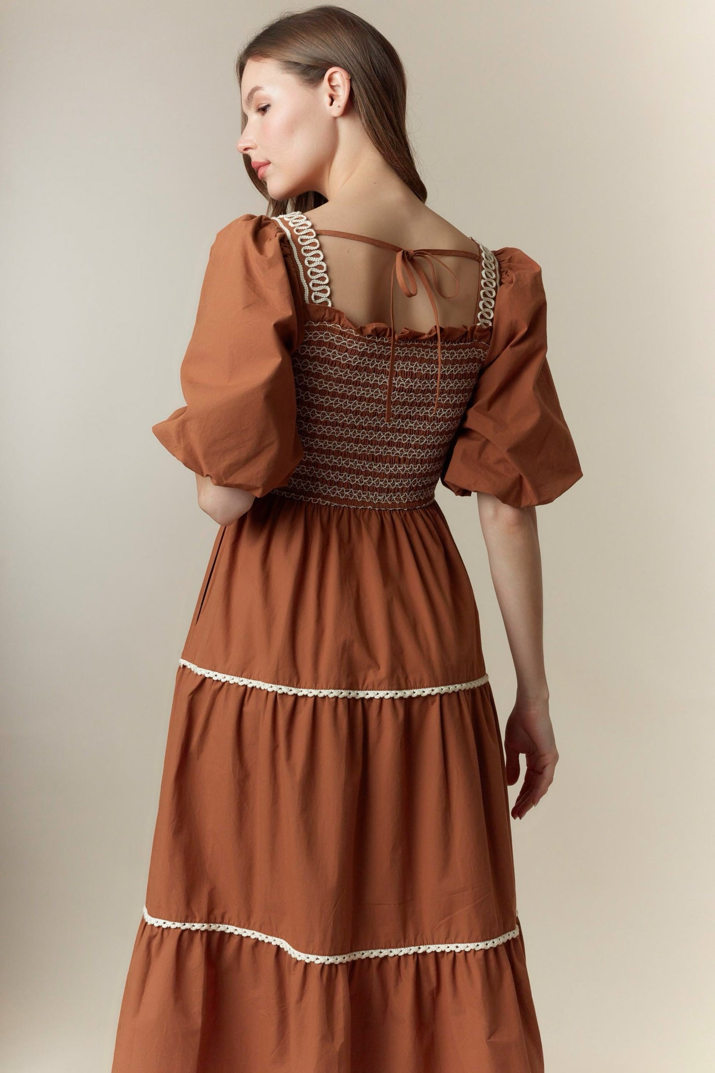 Cinnamon Washed Poplin Smocked Bubble Sleeve Dress