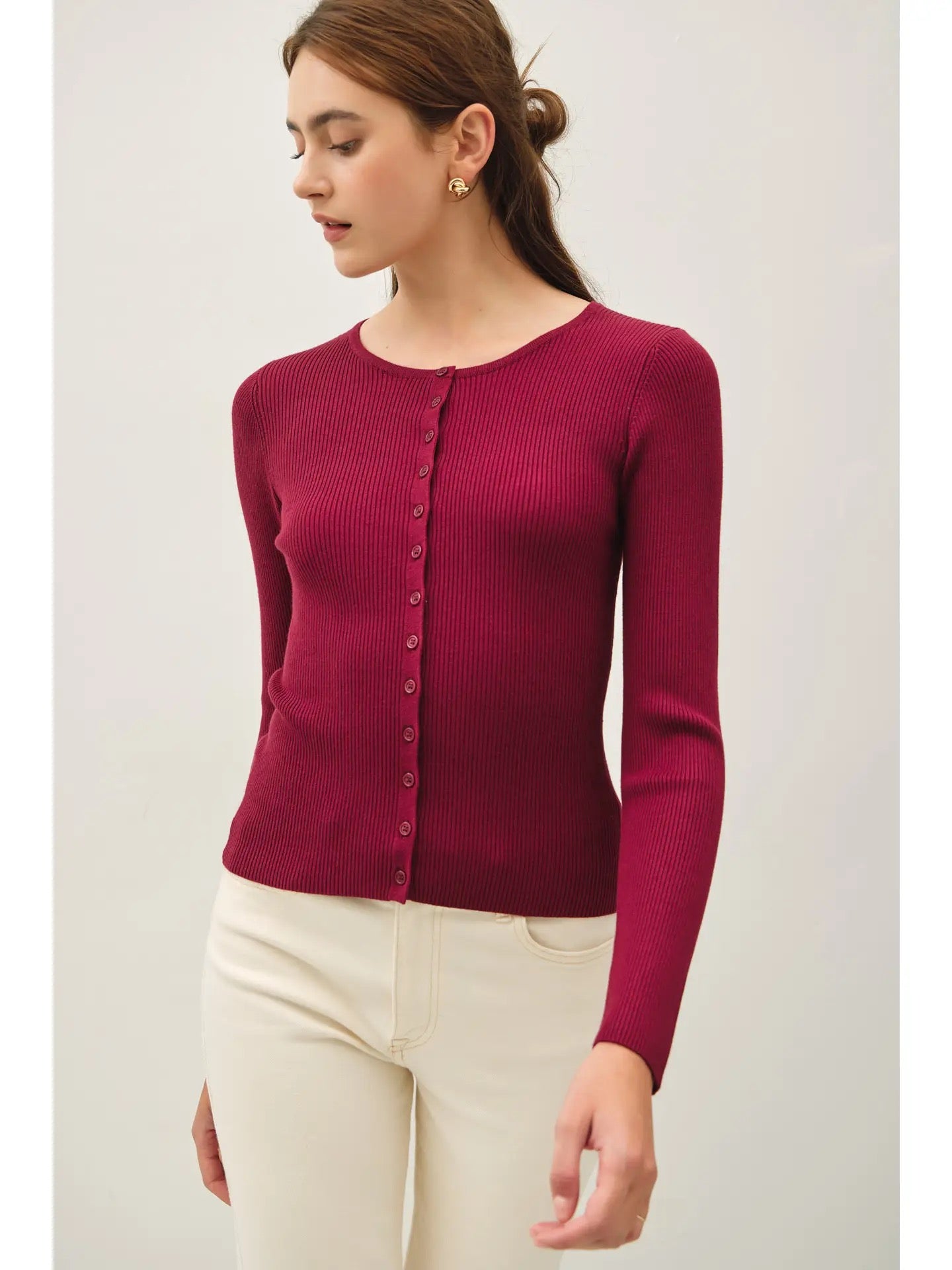 Wine Ribbed Button Up Cardigan