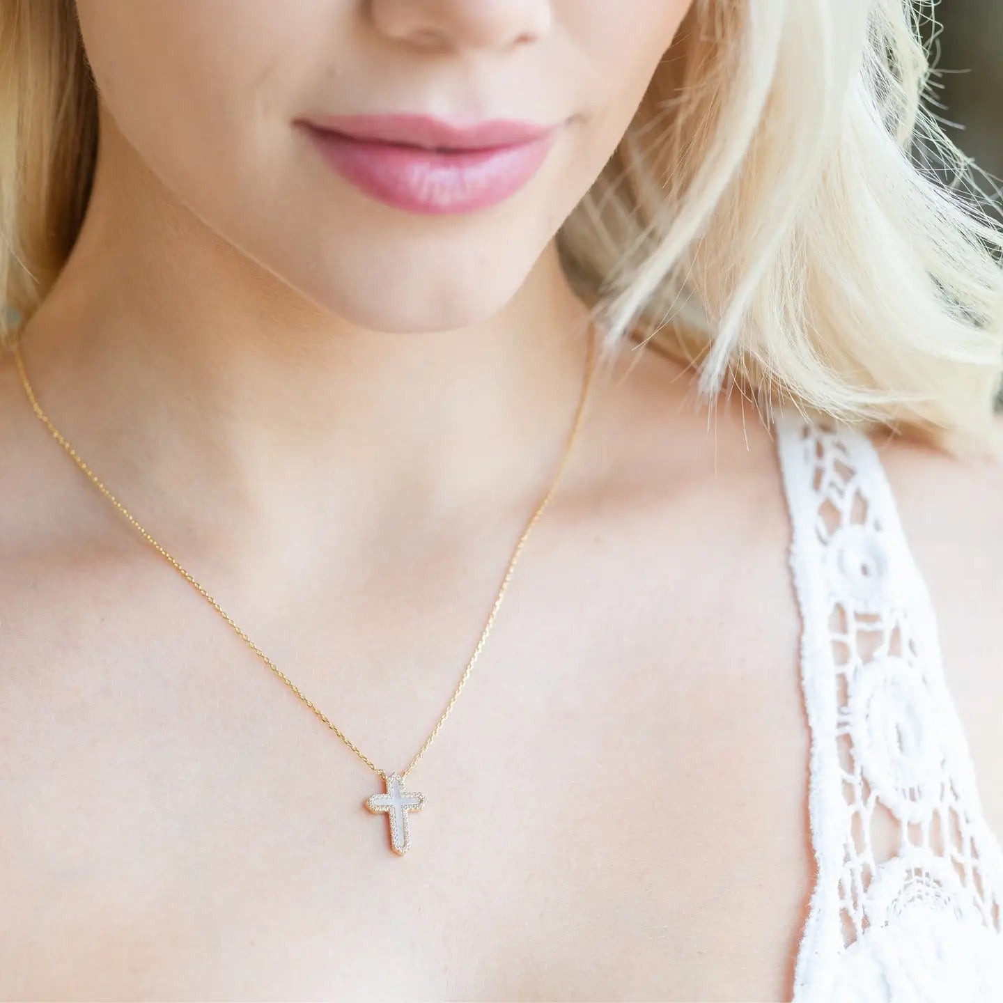 Splendid Iris Shell Pave Cross Necklace