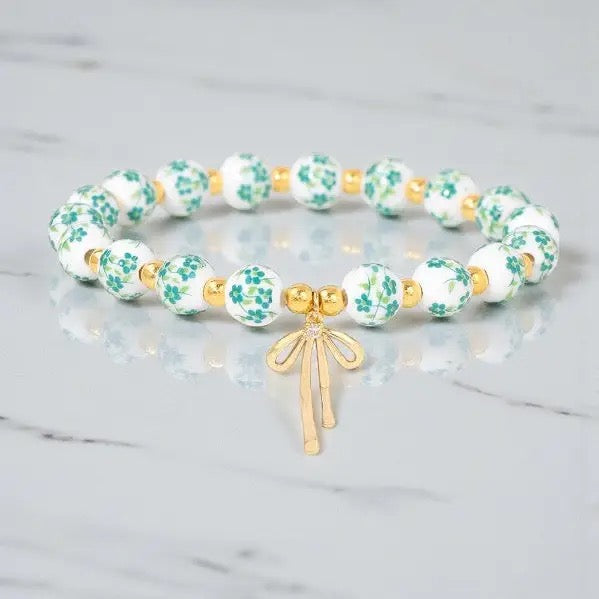 Green Floral Beaded Bow Bracelet