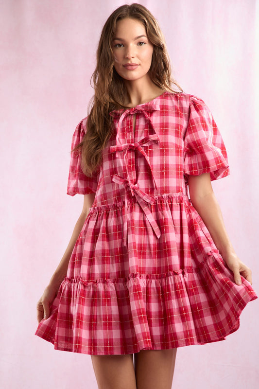 Pink and Red Plaid Bow Front Dress