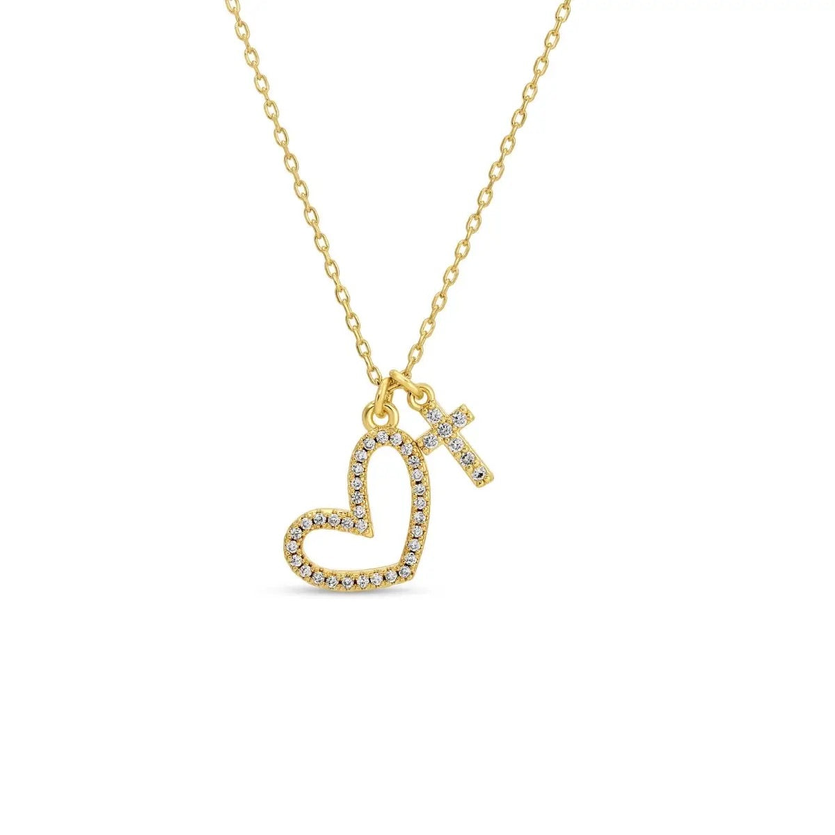 Pave' Heart & Cross Necklace - Gold