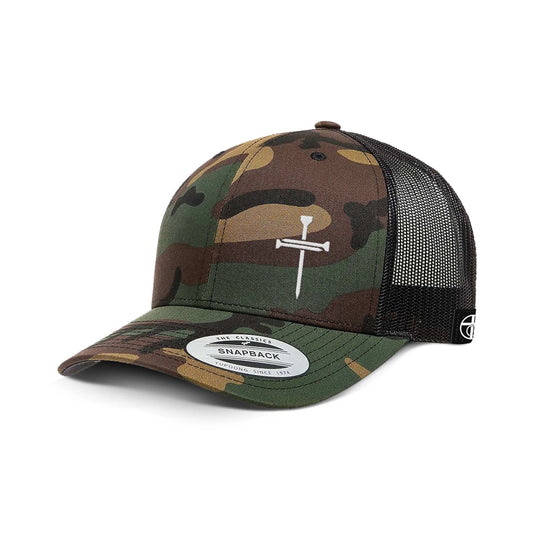 Nail Cross Lower Left Trucker Hat - Green Camo/Black
