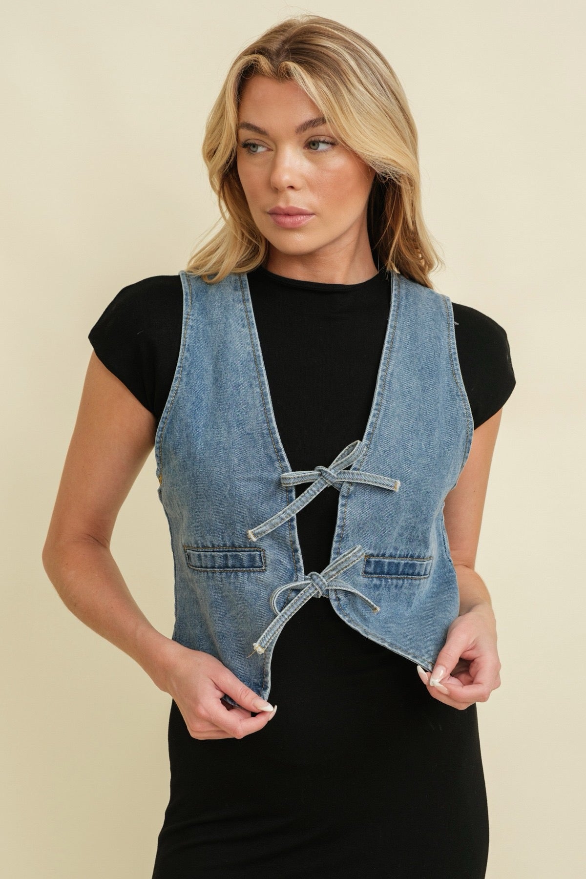 Double Tie Denim Wash Vest