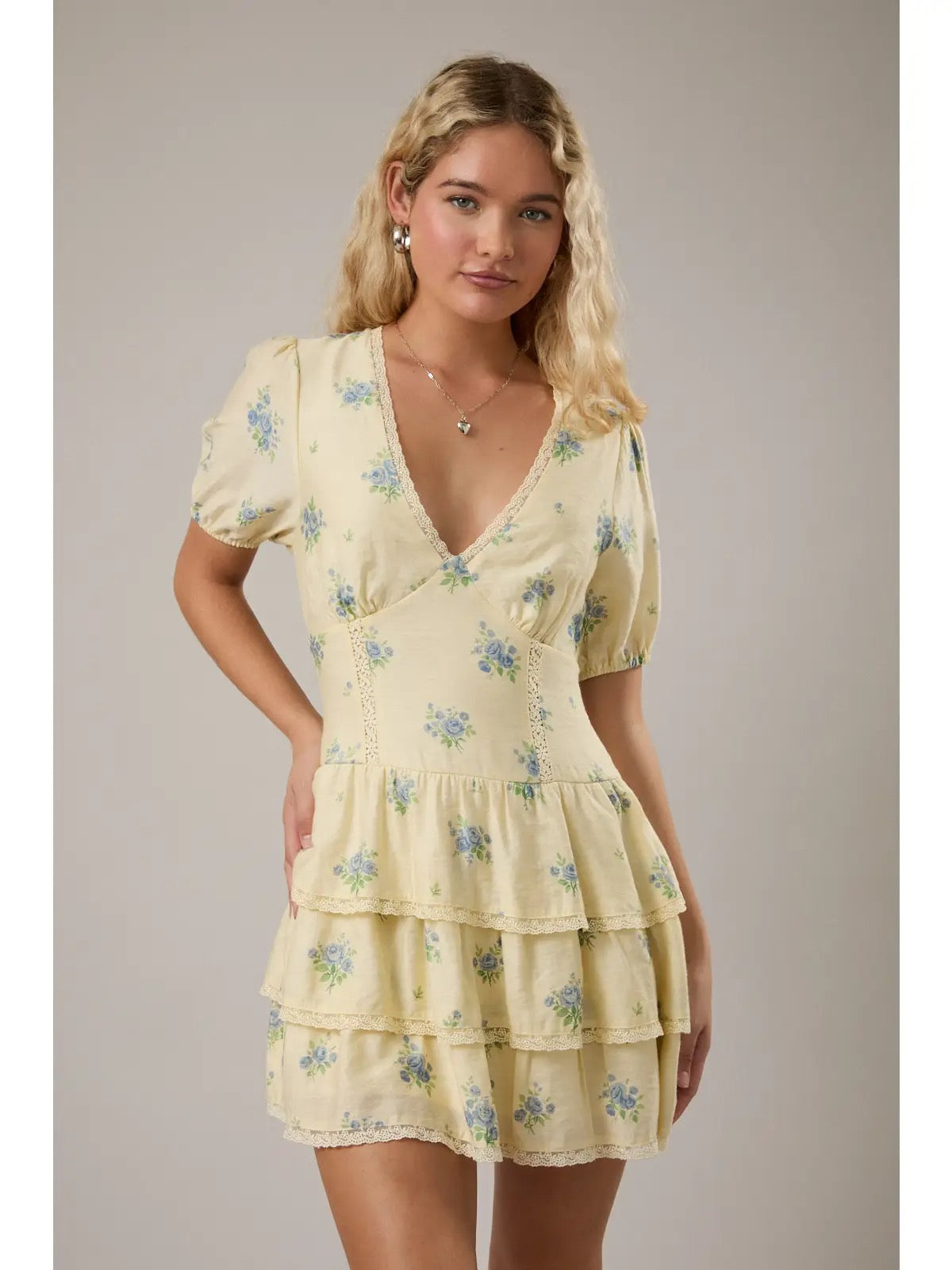 Butter Puff Sleeve V Neck Tiered Mini Dress