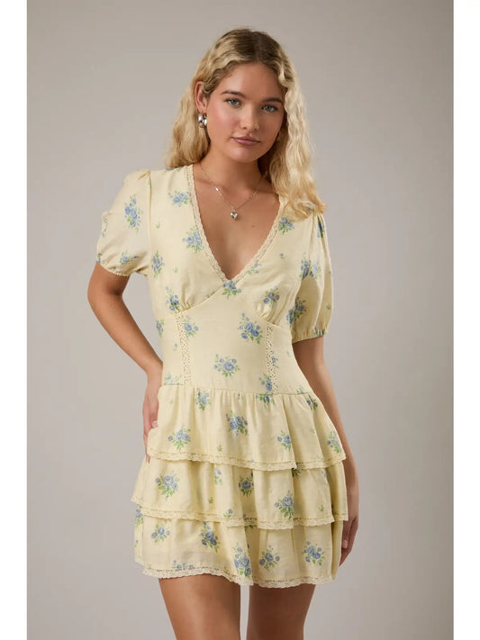 Butter Puff Sleeve V Neck Tiered Mini Dress