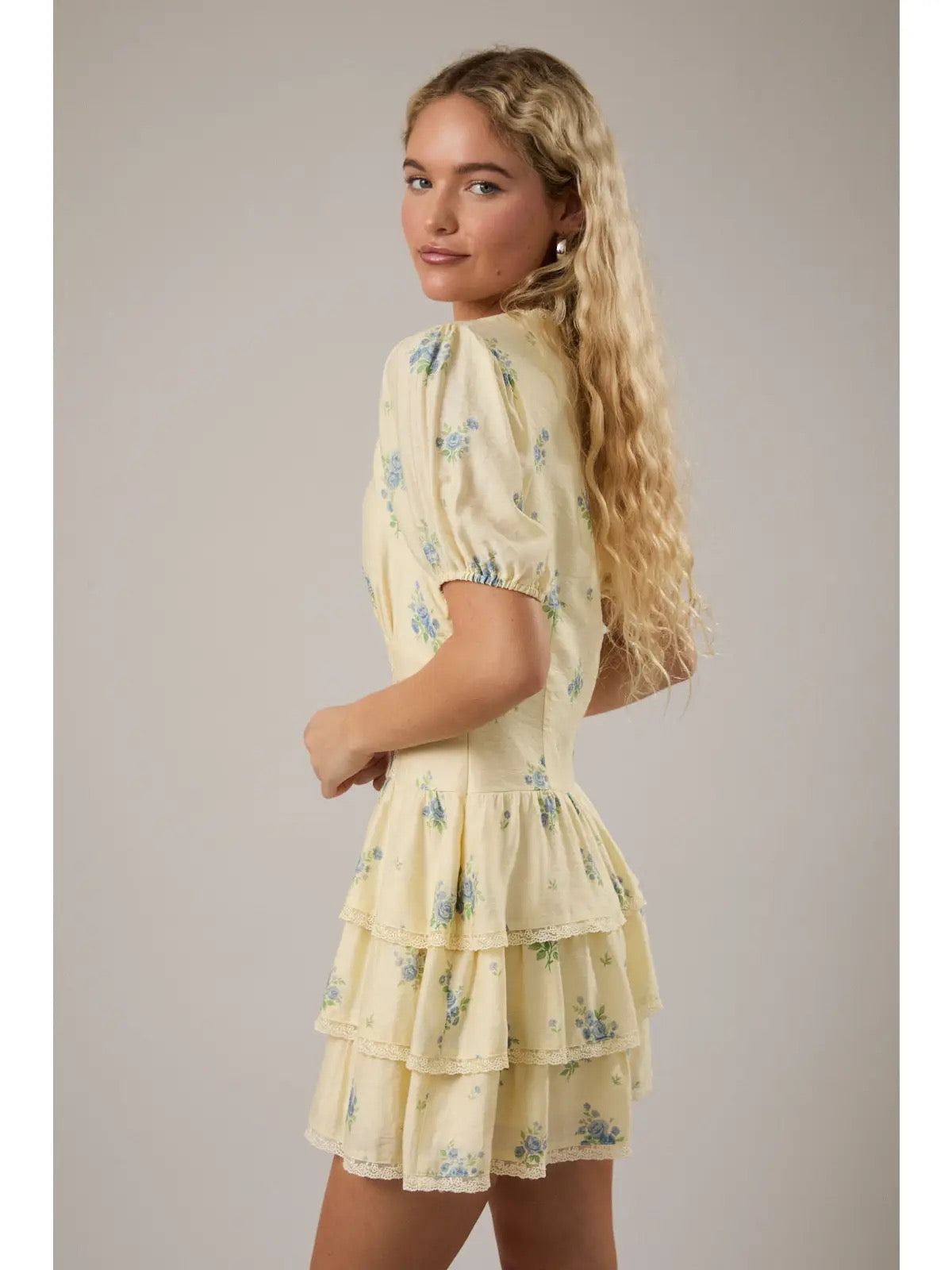 Butter Puff Sleeve V Neck Tiered Mini Dress