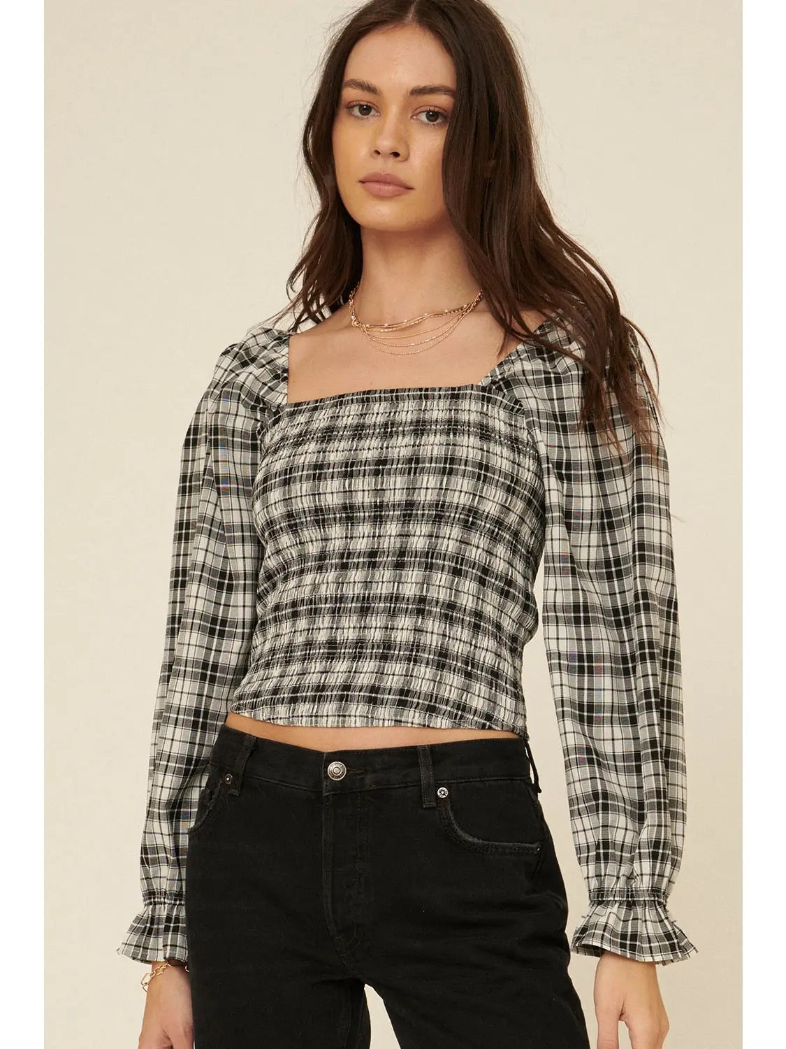 Plaid Square Neck Smocked Bodice Blouse