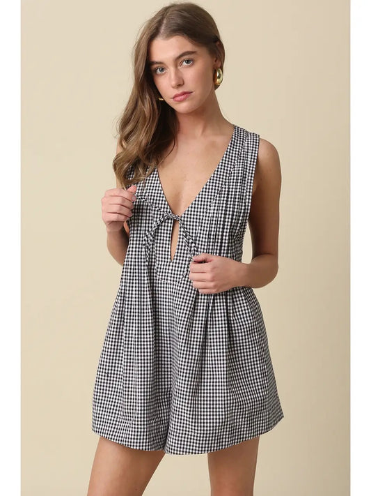 Black Gingham Tie Front Romper