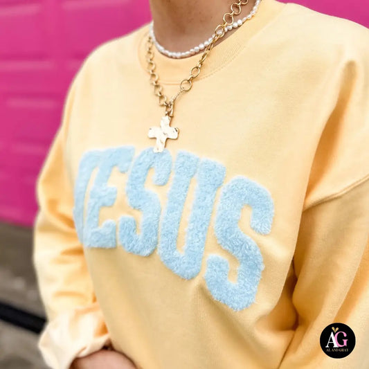 Jesus Crewneck Sweatshirt, Yellow Haze with Blue Patch