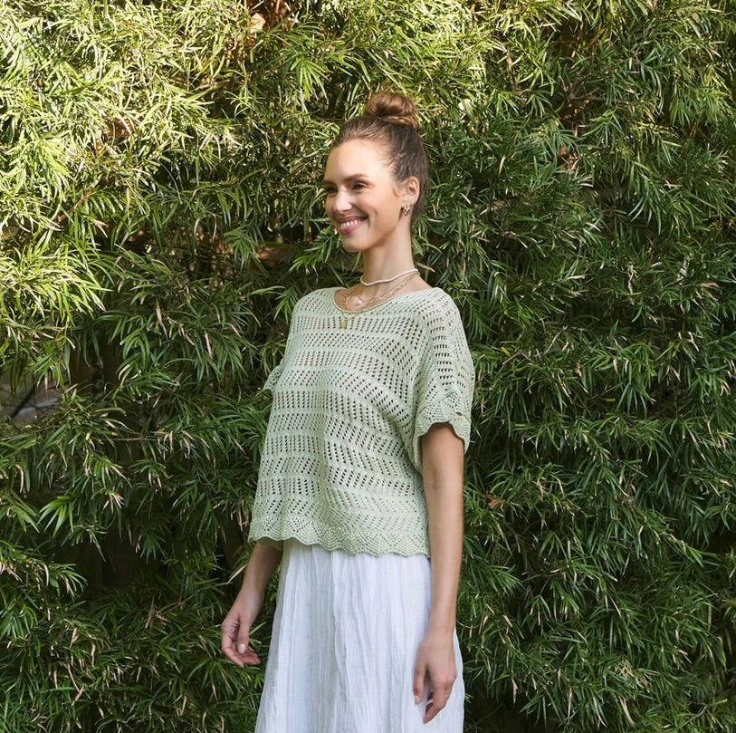 Sage Oversized Crochet Sweater Top with Scallop Edges