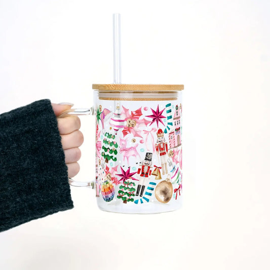 Whimsical Christmas Glass Mug with Lid