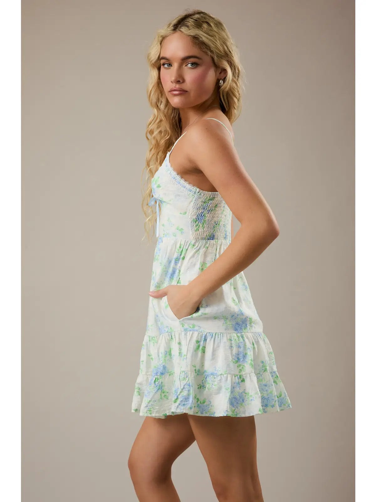Lt Blue Floral Print Mini Dress