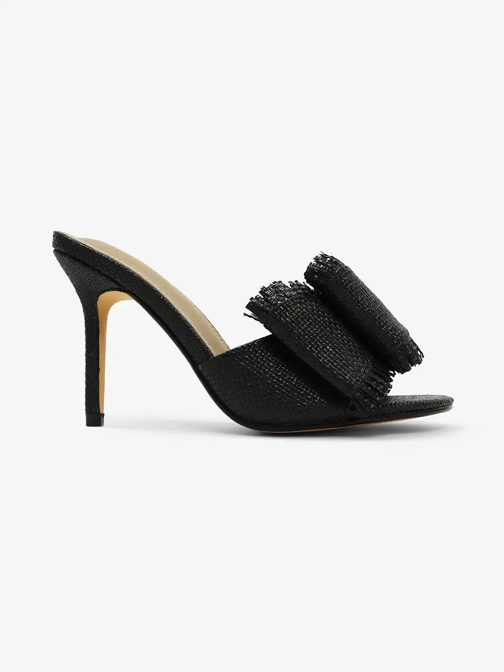 Black Raffia Bow Woven Heels