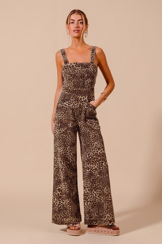 Leopard Twill Wide Leg Jumpsuit