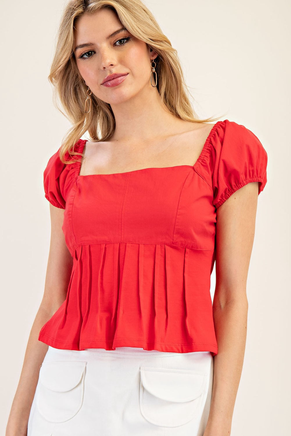 Red Puff Sleeve Square Neck Pleated Top