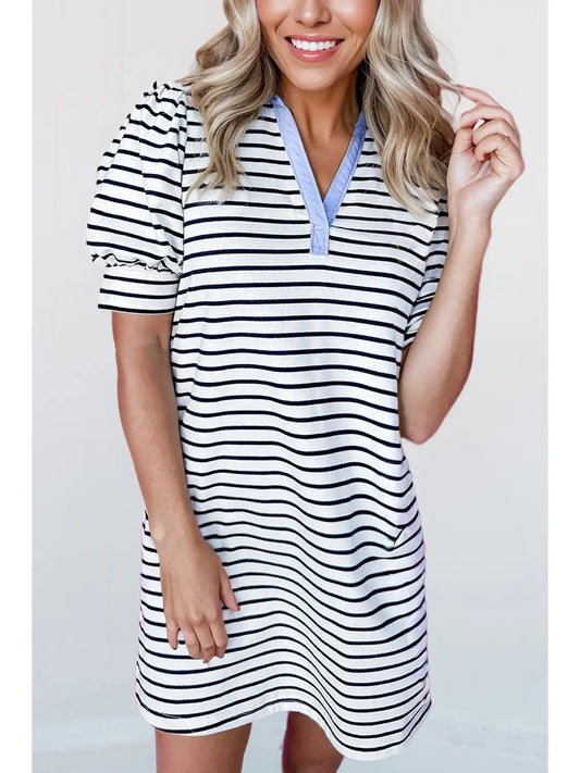 Stripe Puff Sleeve Mini Dress