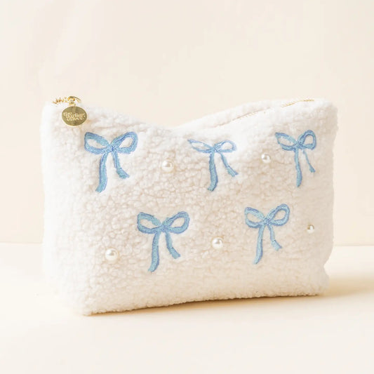 Teddy Sherpa Blue Bows Pouch