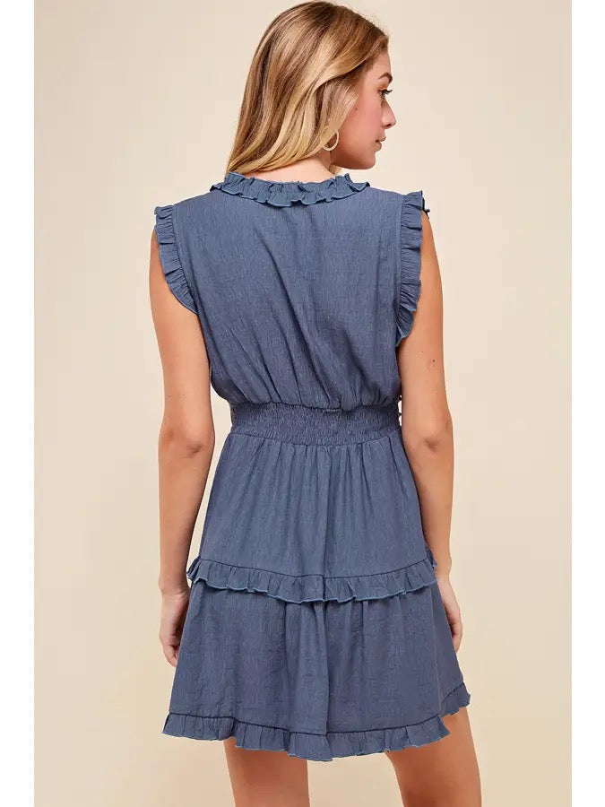Dusty Navy Sleeveless V-Neck Ruffle Dress