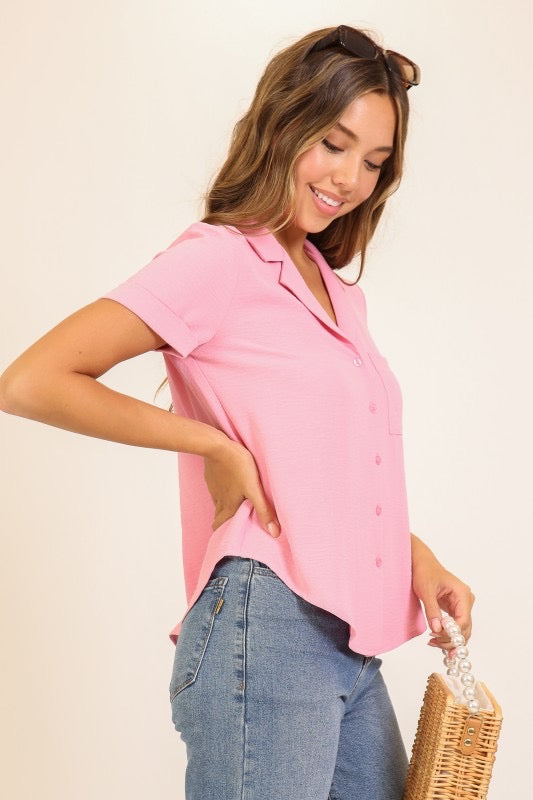 Pink Button Down Collard Short Sleeve Top