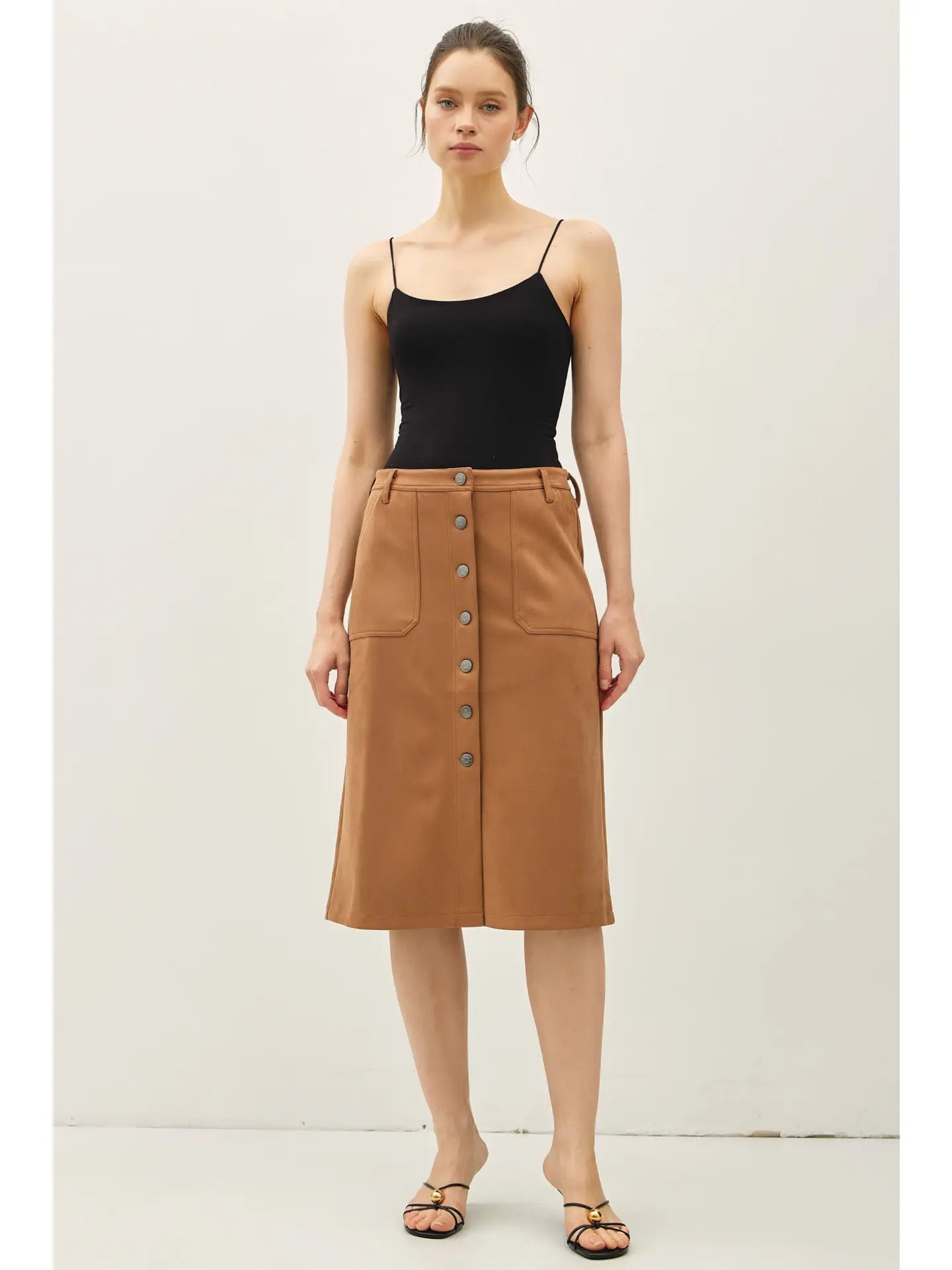 Caramel Buttery Suede Paneled Midi Skirt