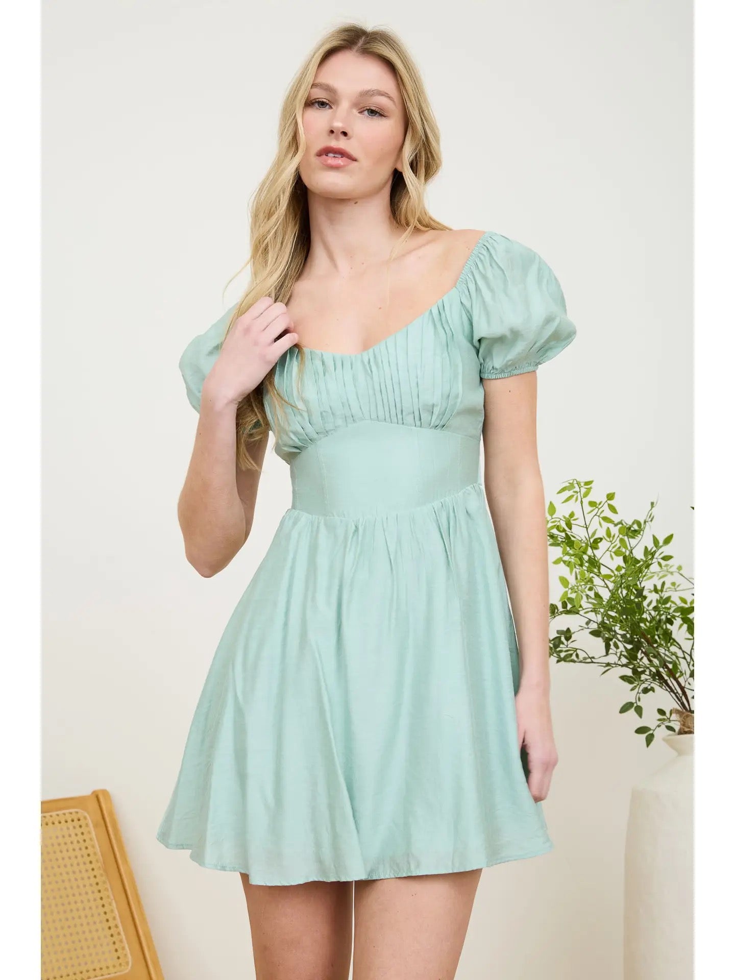 Mint Corset Detail Back Tie Puff Sleeve Mini Dress